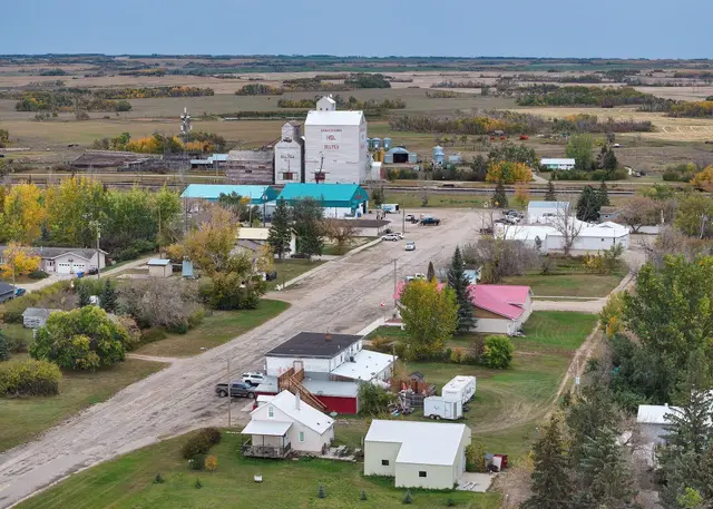 Aerial view of Bulyea and its grain elevator