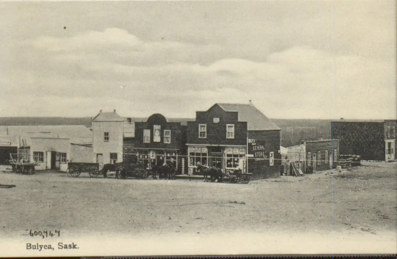 General store and storefronts with horses and wagons, about 1910