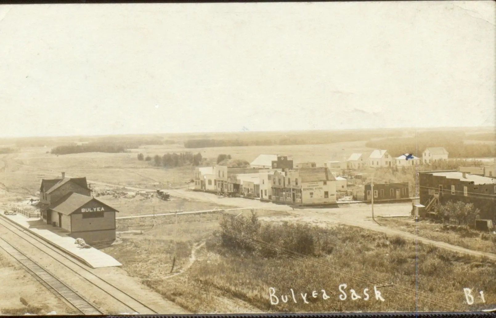 Aerial view of Bulyea with the train station and main street