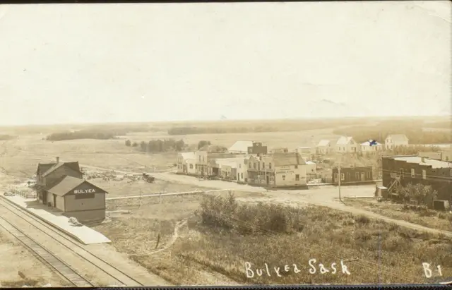 Aerial view of Bulyea with the train station and main street